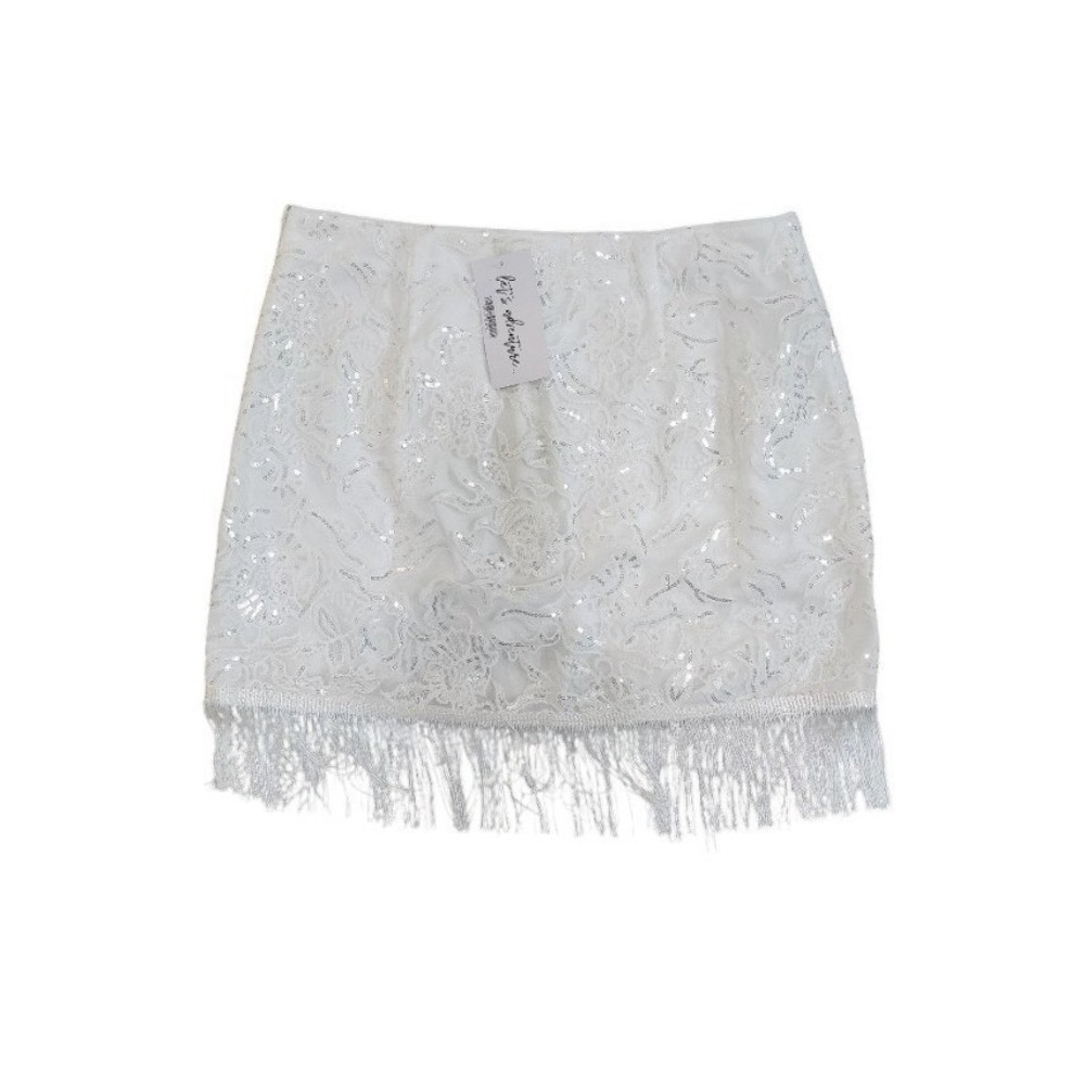 12th Tribe White Sequin Fringe Mini Skirt | Festival Party | Size S